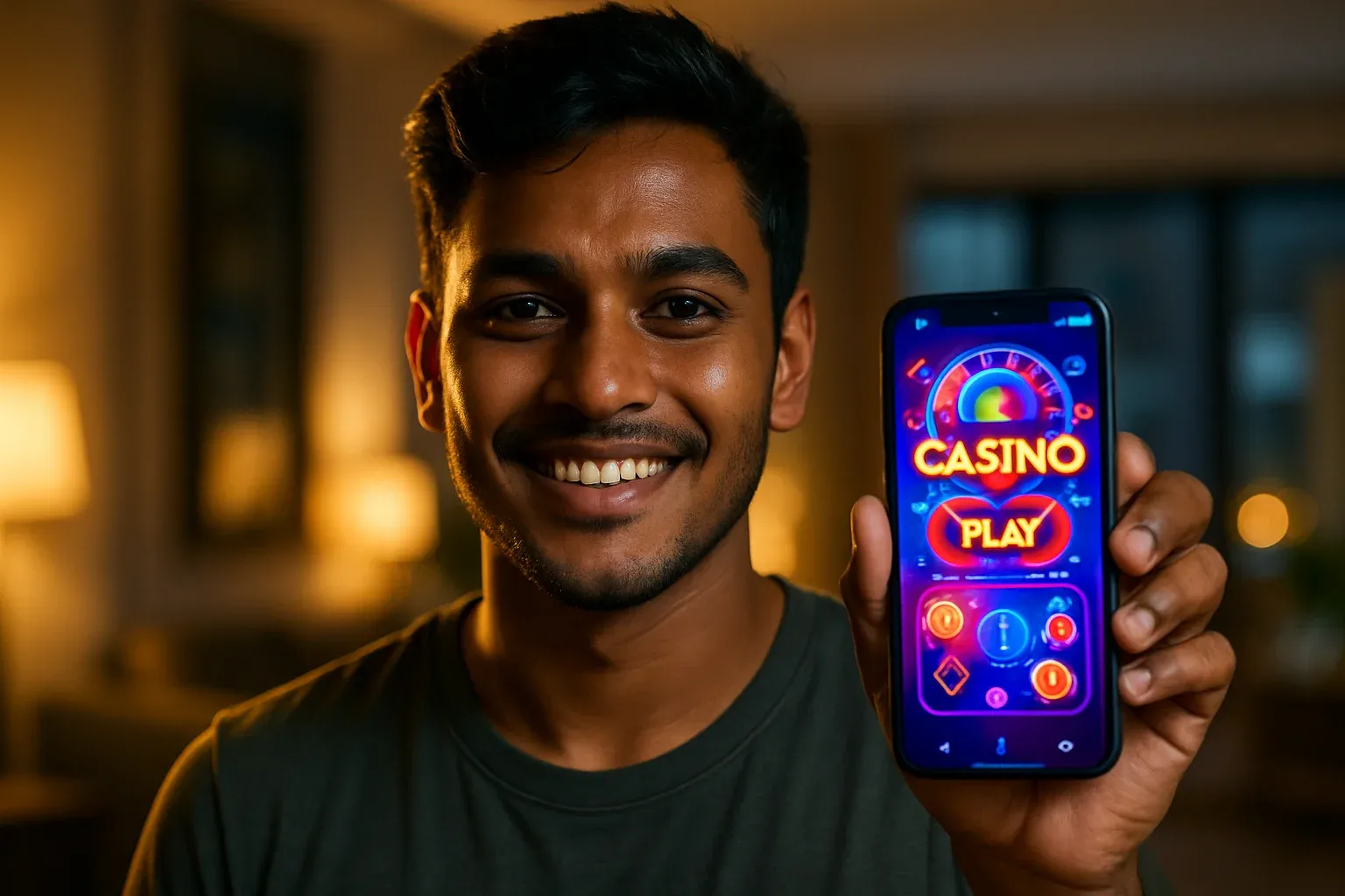 Young Bangladeshi man holding smartphone showing glowing mobile casino app interface