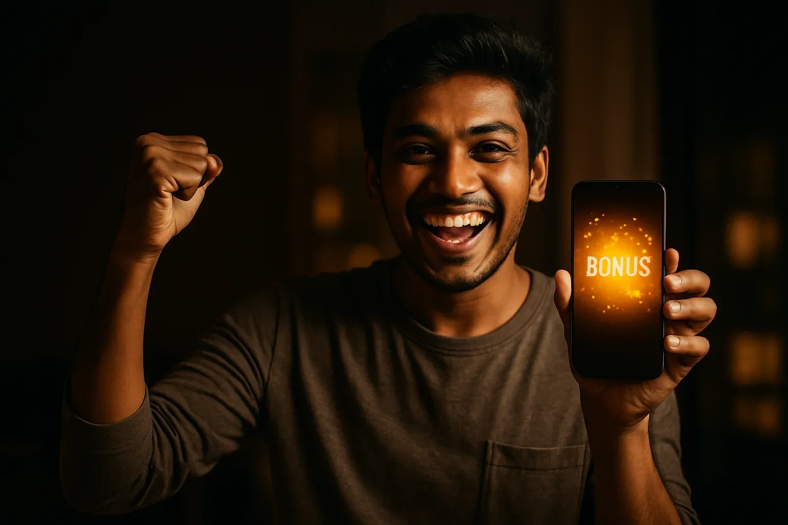 Joyful young Bangladeshi man celebrating, holding smartphone showing glowing bonus notification UI