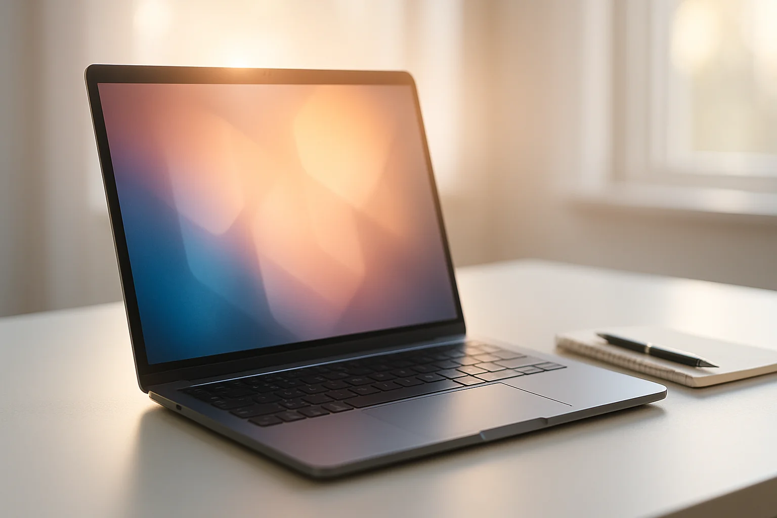 Modern laptop on white desk with glowing abstract screen in daylight
