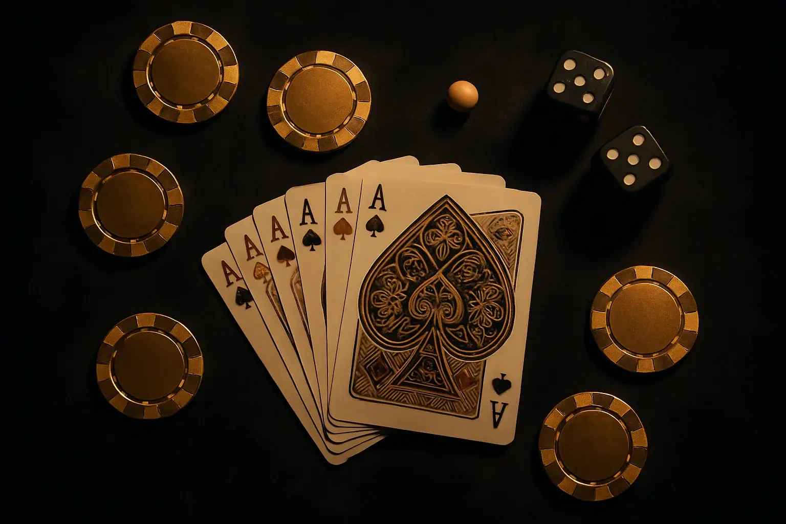 Top-down flat-lay of casino chips, playing cards, dice, and roulette ball