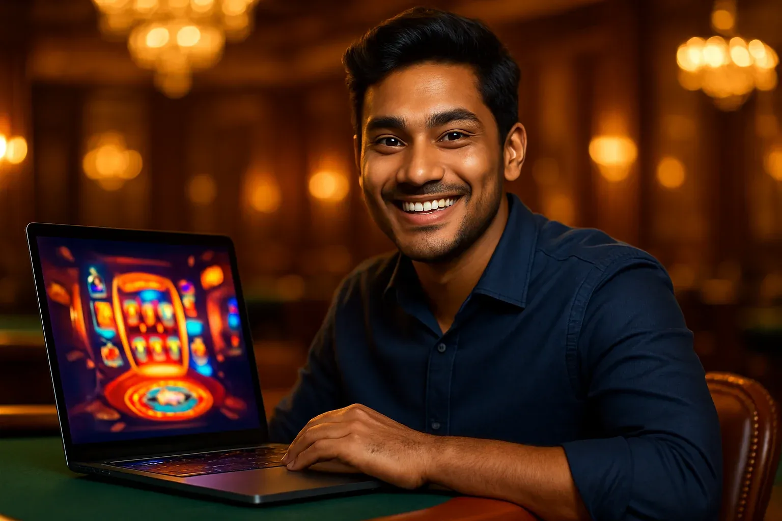 Cheerful Bangladeshi man smiling at laptop with glowing casino interface in lounge