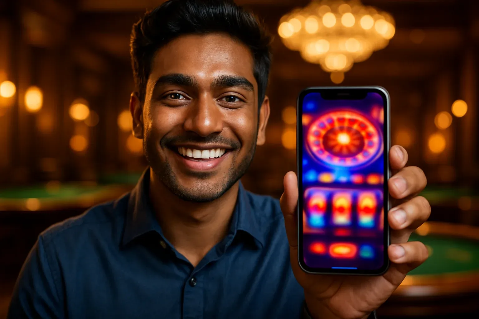 Cheerful young Bangladeshi man holding smartphone showing blurred casino app UI