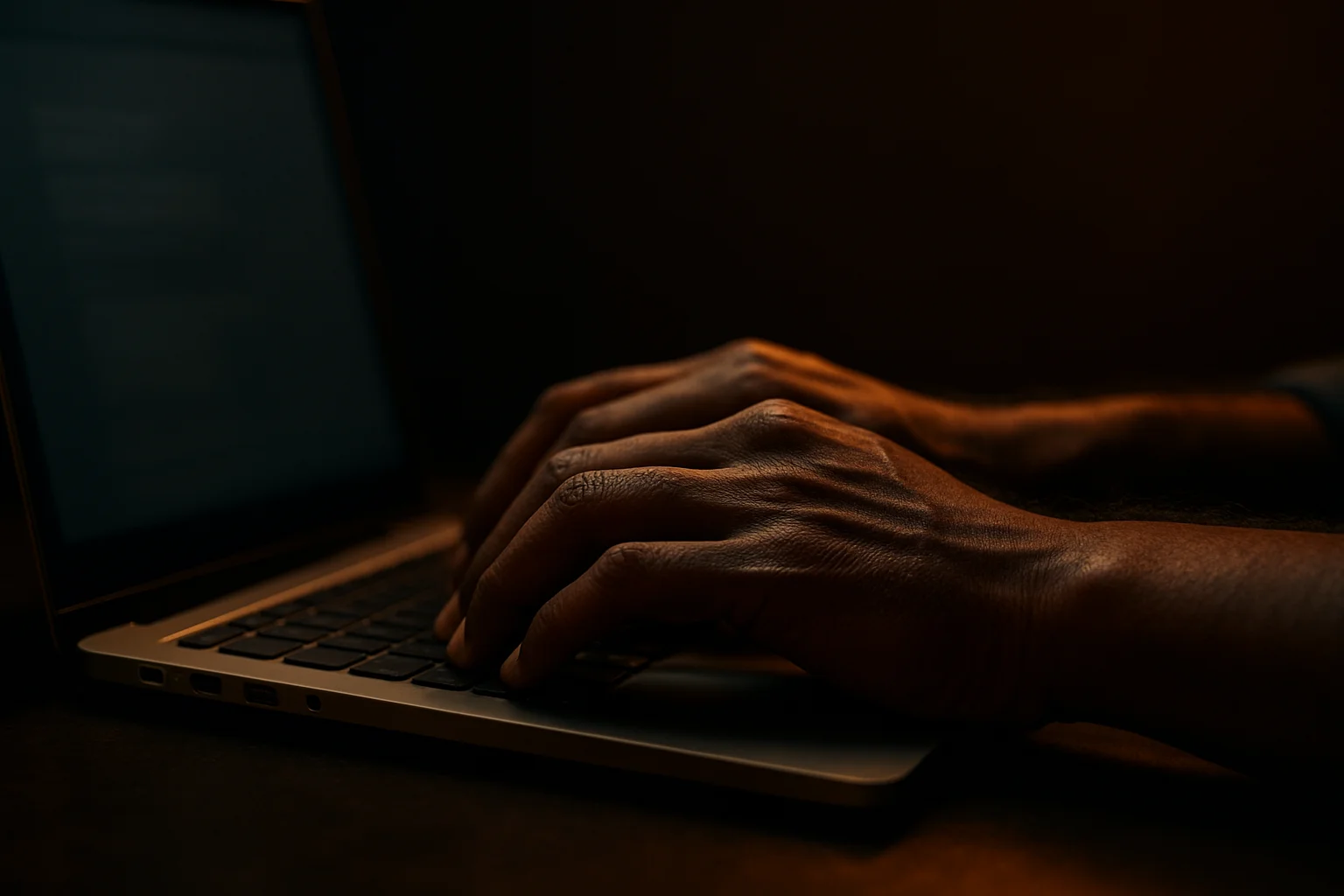 Close-up of Bangladeshi hands typing on modern laptop keyboard in low light