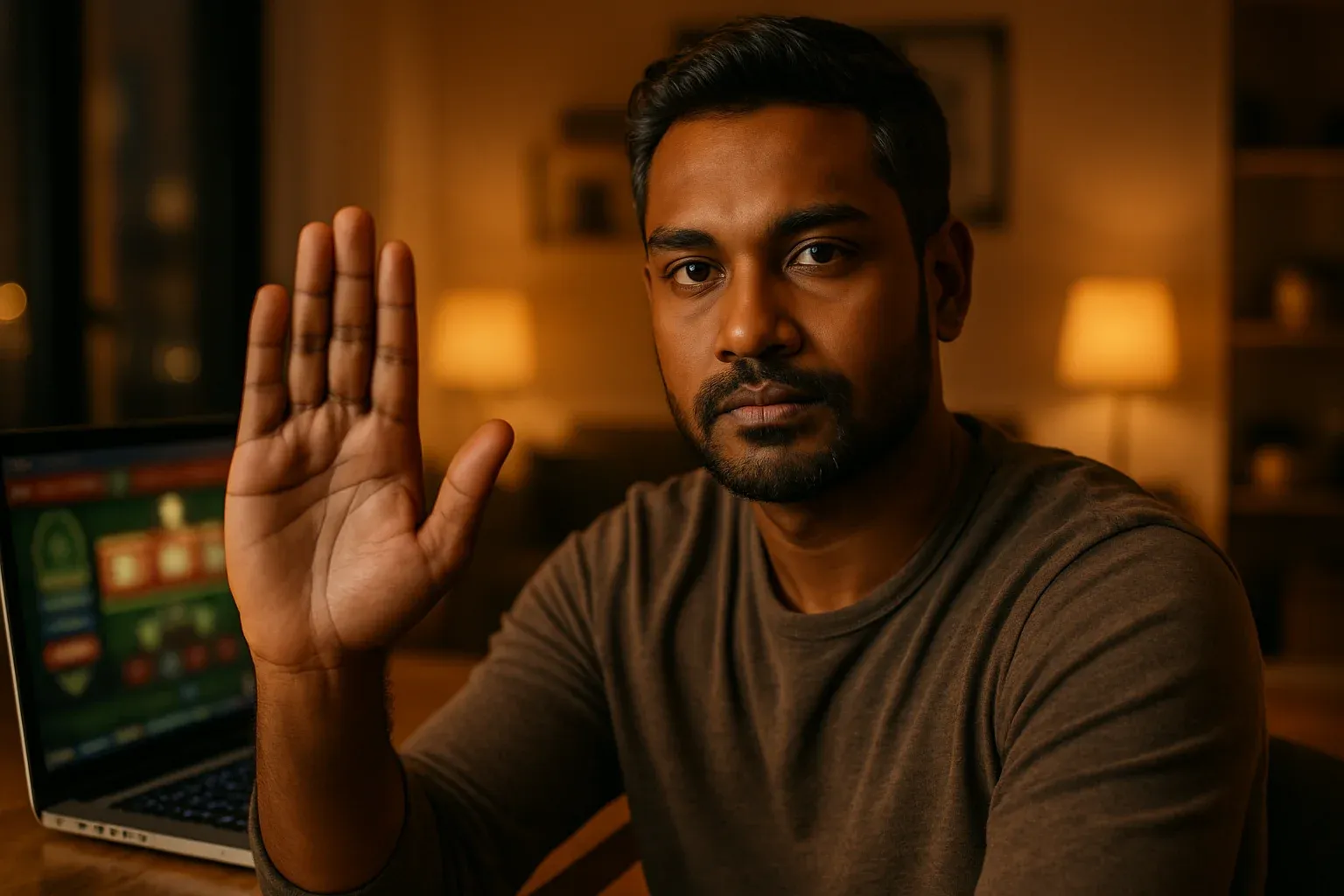Confident Bangladeshi man raises stop hand by laptop with blurred casino screen