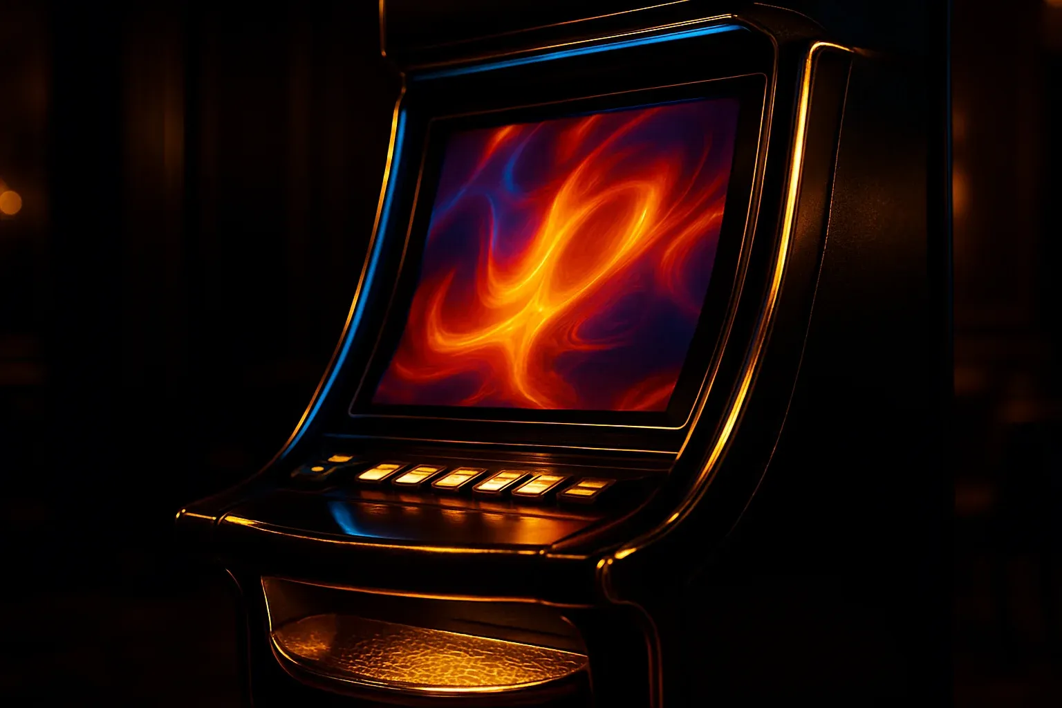 Hyperrealistic premium slot machine in dark luxury setting with neon lighting